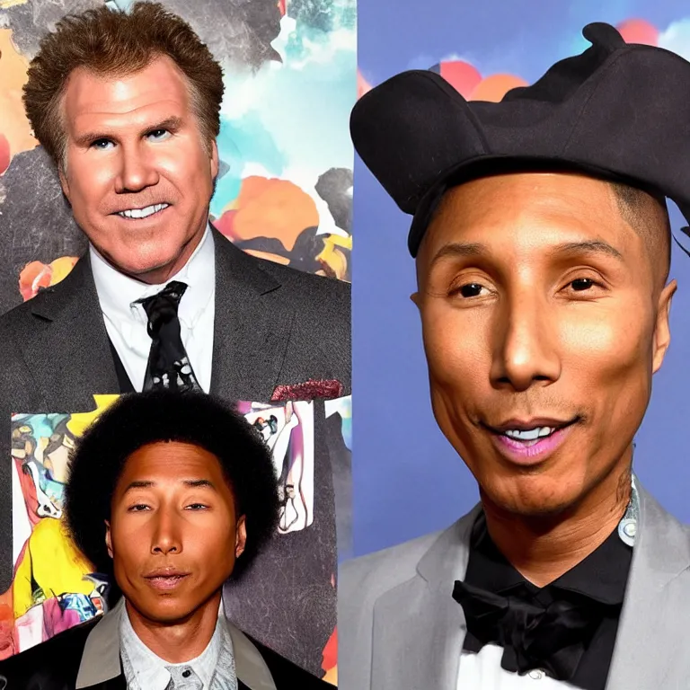 Image similar to Will Ferrell and Pharrell Williams doing the fusion dance from the TV show Dragon Ball Z and creating a double-headed creature Will Williams whose face is based on both Will Ferrell and Pharrell Williams