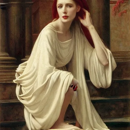 Prompt: a stunnin Grecian beauty by John Collier, flowing robes, antiquated