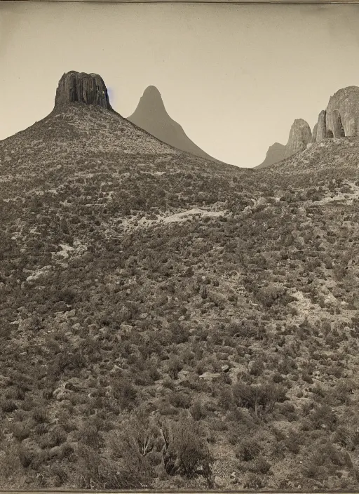 Prompt: View of a gigantic Tepuy in grassy desert, with rocky hills and lush desert vegetation at the bottom of it, albumen silver print, Smithsonian American Art Museum