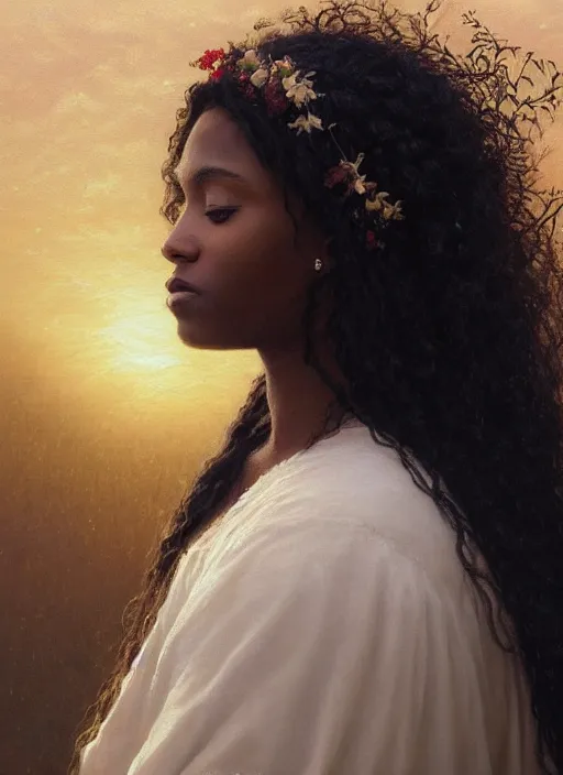 Image similar to oil painting close up portrait of a contemplative young black woman with long dark flowing hair in a white dress, wearing a crown of wildflowers!! at sunset, hazy, digital art, chiaroscuro, artstation, cinematic, golden hour, digital art painting by greg rutkowski, william - adolphe bouguereau, hazy atmosphere, cinematic lighting