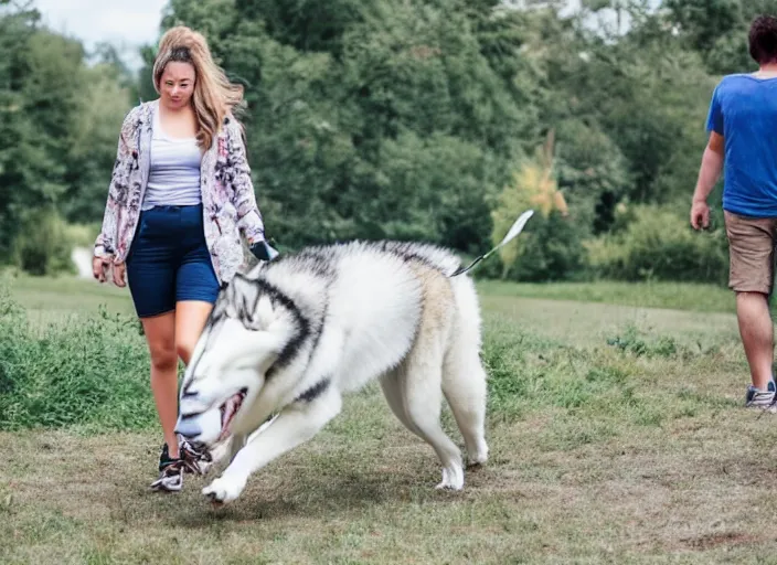 Prompt: Photo of a girl walking a giant husky dog that is as tall as her