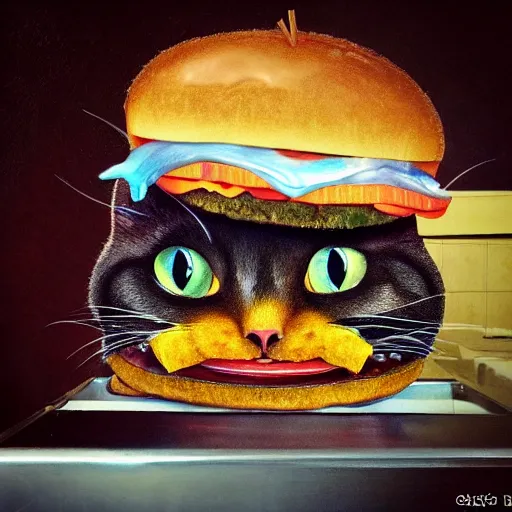 Image similar to anamorphic half cat, half burger