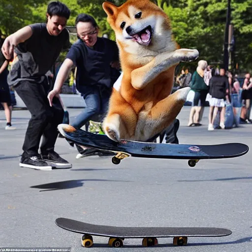 Image similar to a happy shiba inu performs a perfect kick flip on his skateboard in new york city whilst a crowd watches, beautiful photograph
