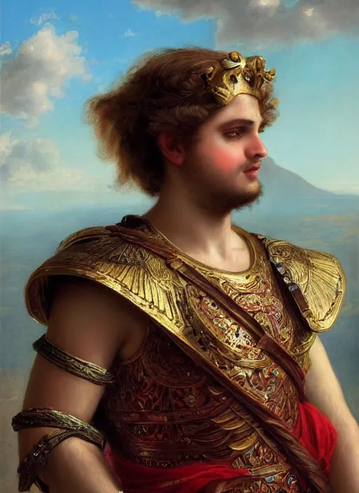 Prompt: formal portrait of alexander the great, digital art by eugene de blaas and ross tran, vibrant color scheme, intricately detailed, in the style of romanticism, cinematic, artstation, greg rutkowski