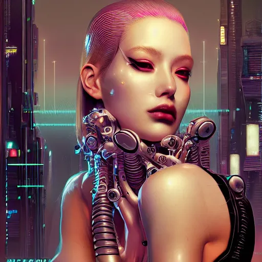 Image similar to the portrait of an absurdly beautiful, graceful, sophisticated, fashionable cyberpunk gynoid gravure idol, an ultrafine hyperdetailed illustration by kim jung gi, irakli nadar, intricate linework, neon wiring, porcelain skin, unreal engine 5 highly rendered, global illumination, radiant light, detailed and intricate environment