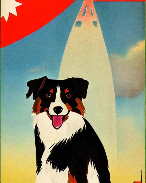 Image similar to soviet propaganda poster of an australian shepherd, soviet art