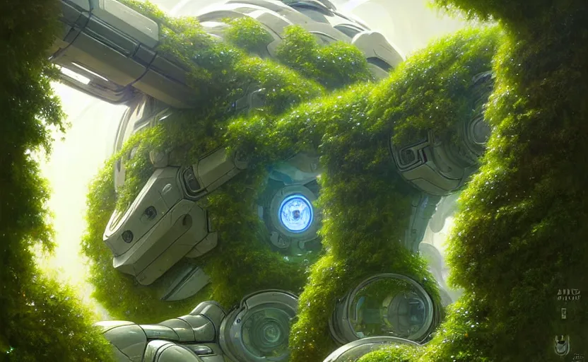 Prompt: Futuristic Robotic Neoclassical Space station overgrown with ivy | Giant Mecha, sci-fi, highly detailed, digital painting, rule of third, artstation, concept art, smooth, sharp focus, illustration, art by artgerm and greg rutkowski and alphonse mucha