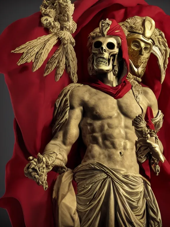 Prompt: a man in the form of a Greek sculpture with a mask in the form of a skull, dressed in a beautiful red cloak, stands in the pose of a super hero on a golden stone, full-length view. baroque element. intricate artwork by artstation. halo. octane render, cinematic, hyper realism, octane render, 8k, depth of field, bokeh. iridescent accents. vibrant. teal and gold and red colour scheme