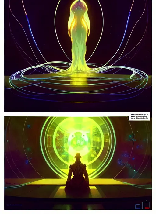 Prompt: high depth, collective civilization learning, calm, healing, resting, life, hybrids, scifi, glowing lights!!, published concept art, mixed medias, image overlays, sharp focus, thin glowing wires, winning illustration, art by greg rutkowski and alphonse mucha, singularity!!!, 3 6 0 projection