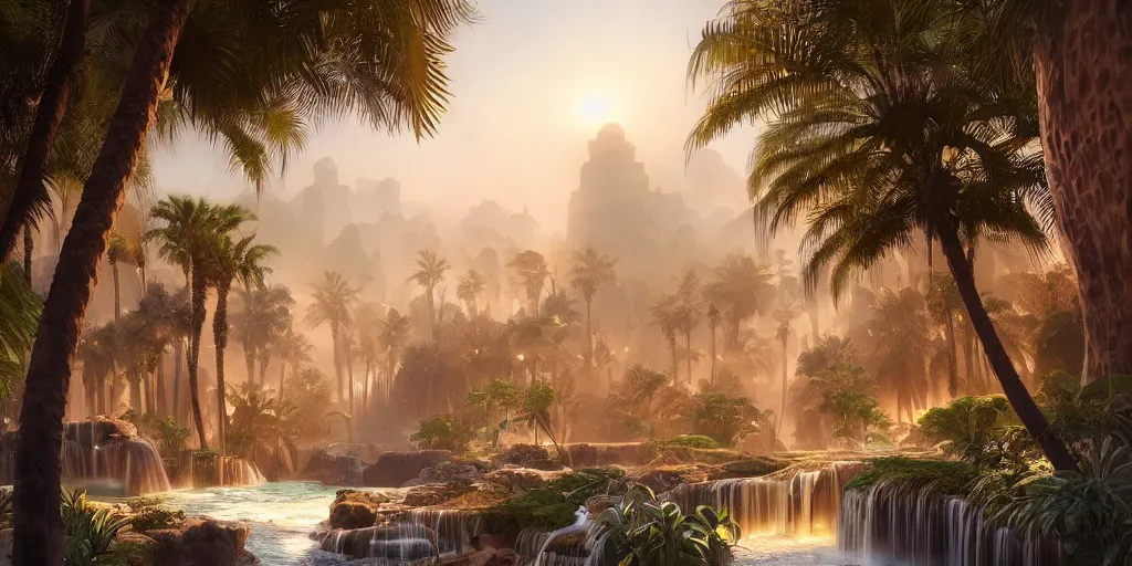 Image similar to beautiful oasis waterfalls surrounded by palm trees moroccan tile archways, date trees, ivory towers sunset peter morbacher ross tran angelarium greg rutkowski alchemy luxury heavenly light soft illumination, trending on artstation cinematic lighting digital painting octane render, artgerm