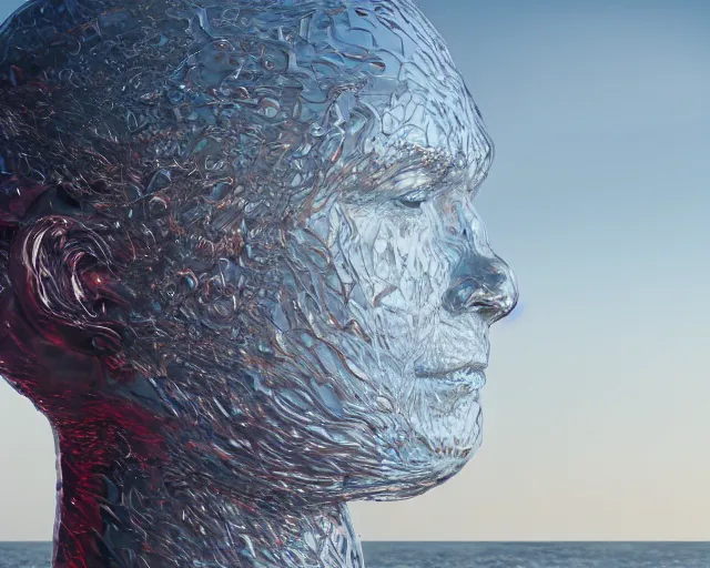 Image similar to a long shot of a giant award winning sculpture of a human head made out transparent jelly, on the surface of the ocean, in the style of chad knight, hyper detailed, hyper realistic, ray tracing, 8 k resolution, sharp focus, realistic water