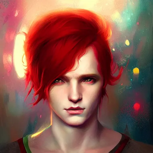 Prompt: colorful and Festive Captivating Fairy boy with red hair portrait, atmospheric lighting, painted, intricate, highly detailed by Charlie Bowater