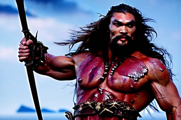 Image similar to film still from conan the barbarian, jason momoa as conan, wearing royal crimson fantasy ornate spartan dragon scale armor, volumetric lighting, wet skin and windblown hair, muscular!!!, battle action pose, ridley scott, high contrast