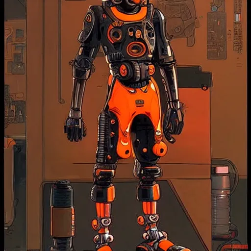 Image similar to cyberpunk mechanic dude with robotic legs. orange and black color scheme. concept art by james gurney and mœbius. apex legends character art