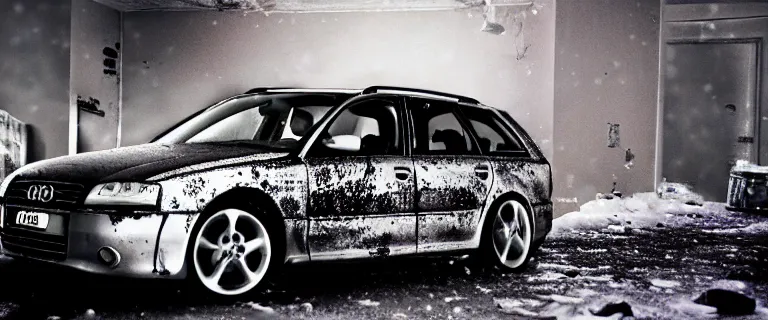 Image similar to Audi A4 B6 Avant (2002), a gritty neo-noir, dramatic lighting, cinematic, eerie person, death, homicide, homicide in the snow, viscera splattered, gunshots, bullet holes, establishing shot, extremely high detail, cracked windows, photorealistic, arson, makeshift grave, cinematic lighting, artstation, by simon stalenhag, Max Payne (PC) (2001) winter New York at night, In the style of Max Payne 1 graphic novel, flashing lights, Poets of the Fall - Late Goodbye