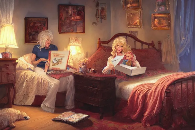 Image similar to portrait of dolly parton reading a bedtime story to bob barker in bed, an oil painting by ross tran and thomas kincade