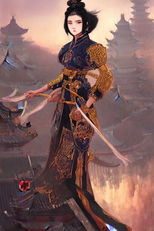 Prompt: portrait black hair young knights of Dynasty Warriors girl, rose golden color armor, in ruin chinese palace rooftop sunrise, ssci-fi and fantasy, intricate and very beautiful and elegant, highly detailed, digital painting, soft light, artstation, concept art, smooth and sharp focus, illustration, art by tian zi and WLOP and alphonse mucha