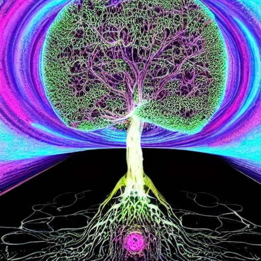 Image similar to microcosm, dreamlike, psilocybin, lysergic acid diethylamide, consciousness meets psilocybin and dances around the tree of life, lysergic acid diethylamide, introspective, life in the universe, biology, mythology, dreamlike, hyper real, intricately detailed, high fidelity render, high octane finish