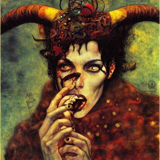 Prompt: incubus with horns smoking a cigar, klimt, royo, miro, frazetta, whealan