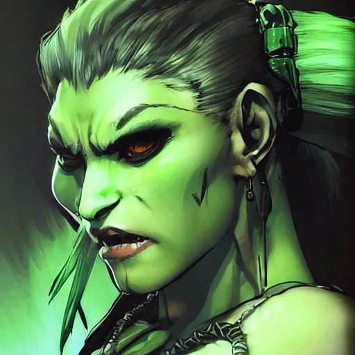 Image similar to character portrait of a green orc female, light green tone beautiful face by yoji shinkawa