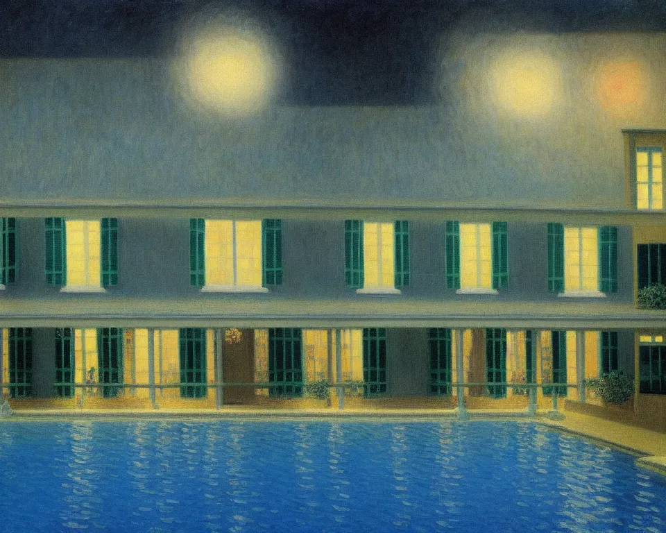 Prompt: achingly beautiful painting of a sophisticated, well - decorated pool house at night by rene magritte, monet, and turner.