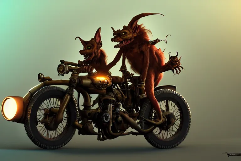 Image similar to a goblin riding a steampunk motorcycle, volumetric light, hyperdetailed, artstation, cgsociety, 8k