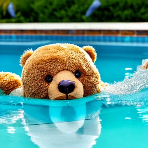 Prompt: a teddy bear swimming in the pool