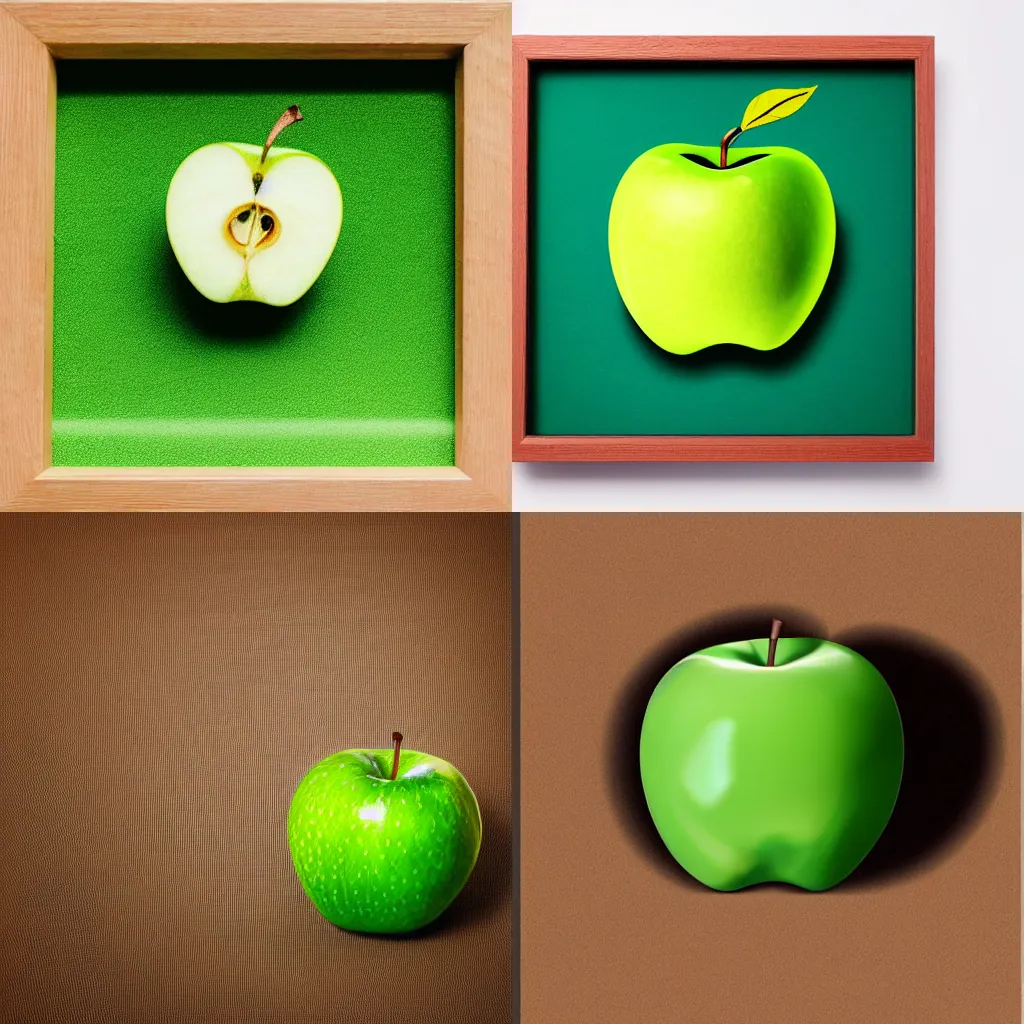 Prompt: studio shot of green apple shaped like a cube, isometric perspective, center frame, green background