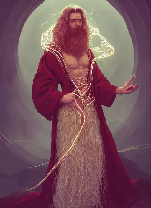 Image similar to beautiful illustration of a wizard with a robe made of ribbons of flesh, in the style abigail larsonand and sam guay, rim light, beautiful lighting, 8 k, stunning scene, octane, trending on artstation