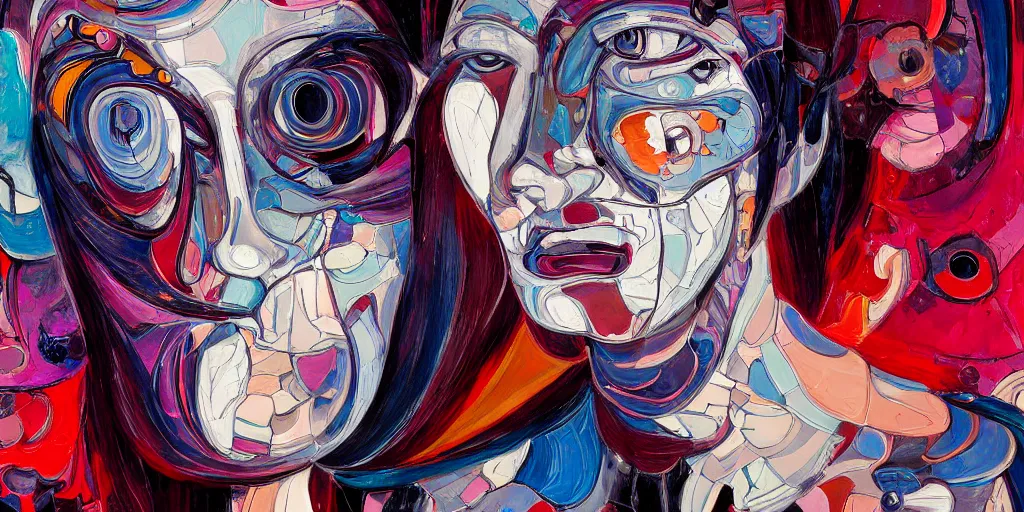 Image similar to abstract painting, cyborg woman crying, in the style of jin kagetsu and james jean, background by beatriz milhazes, highly detailed, face symmetry, masterpiece, sharp focus, realistic intricate concept art, dramatic lighting, 8 k