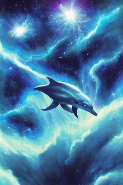 Image similar to Ethereal blue fire dolphin dolphin flying through a nebula, Sirius star system, star dust, cosmic, magical, shiny, glow,cosmos, galaxies, stars, outer space, stunning, by andreas rocha and john howe, and Martin Johnson Heade, featured on artstation, featured on behance, golden ratio, ultrawide angle, hyper detailed, photorealistic, epic composition, wide angle, f32, well composed, UE5, 8k