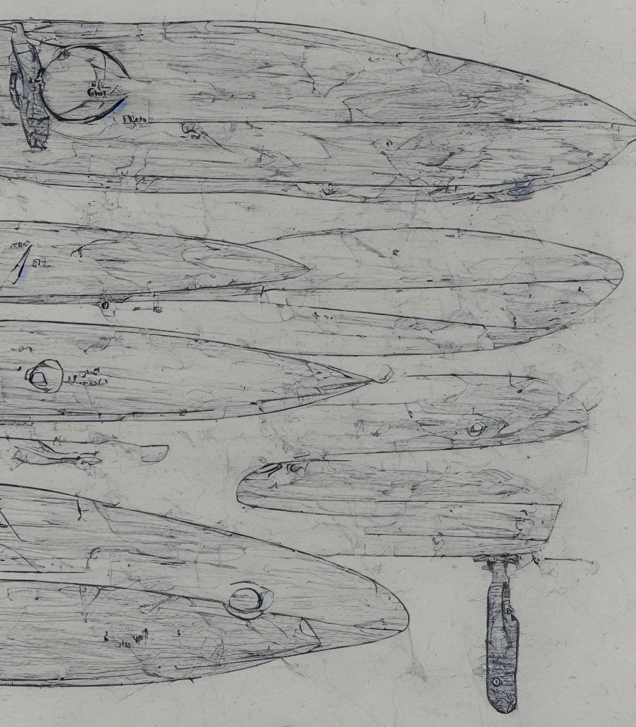 Image similar to blueprint sketch of a beautiful surfboard painted by leonardo da vinci, technical sketch, high detail, charocal drawing, firewire gofish, pukas surfboards, channel island surfboards