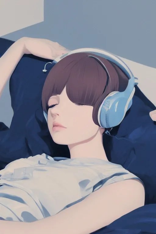 Image similar to a cute young woman lying on a couch while listening to music with her eyes closed and wearing headphones by Ilya Kuvshinov and Range Murata, white bob cut hair, blue filter, blue and white, soft lighting, atmospheric, cinematic, moody, digital painting, 8k