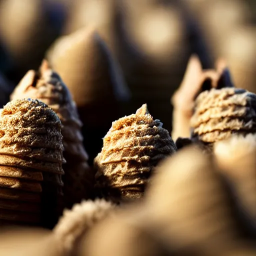 Prompt: a photograph of an infinite field of ice cream cones. shallow depth - of - field. bugs'view.