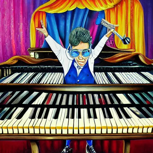 Prompt: elton john playing piano by Greg Craola Simkins , masterpiece