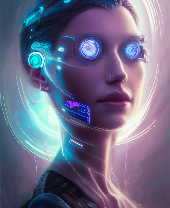 Image similar to a whirlwind of souls rushing inside the metaverse, hologram, half body, piercing, neurochip, shaved temple, jewelry, android, cyborg, cyberpunk face, by loish, d & d, fantasy, intricate, elegant, highly detailed, colorful, digital painting, artstation, concept art, art by artgerm and greg rutkowski and alphonse mucha