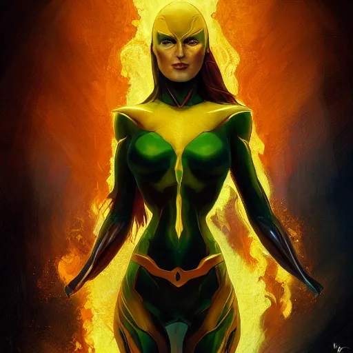 Image similar to full body portrait of jean grey, symmetry, hyperdetailed perfect face, green eyes, comic, phoenix rising, burning flames, intricate, detailed, volumetric lighting, scenery, digital painting, highly detailed, artstation, sharp focus, illustration, concept art, ruan jia, steve mccurry