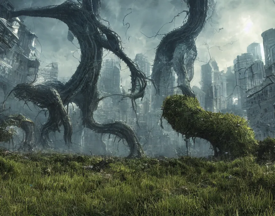 Image similar to giant eldritch weeds in city, realistic, beautiful texture, beautiful graphics, fantasy artwork, very beautiful scenery, hd, hdr, ue 5, ue 6, unreal engine 5, cinematic 4 k wallpaper, 8 k, ultra detailed