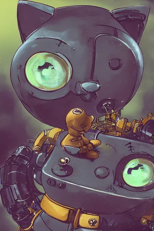 Image similar to a cute cat robot, painted by wally wood and matt jefferies, trending on artstation, steam punk, bright macro view pixar, award - winning, blueprint, chillwave, realism