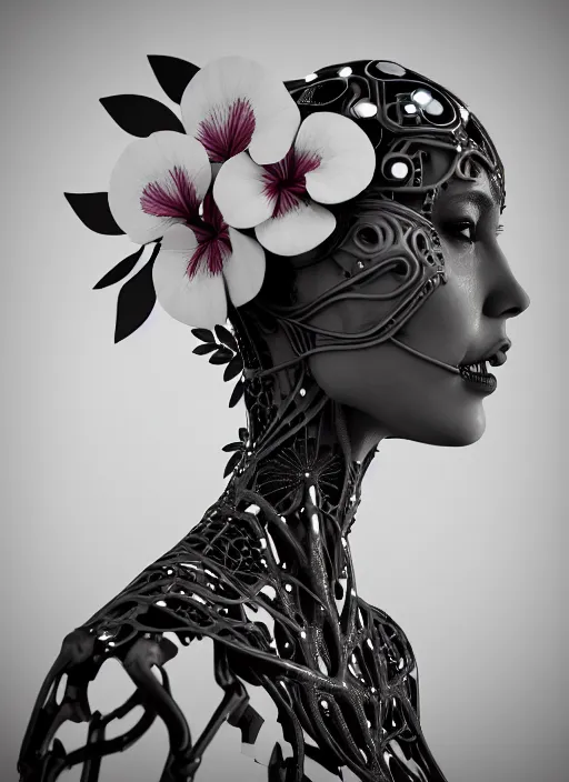 Image similar to monochrome 3 d model, biomechanical beautiful young female cyborg with porcelain profile face and a big floral eye, volumetric light, leaves foliage and stems, hibiscus flowers, boho floral vines, sinuous fine roots, fine foliage lace, alexander mcqueen, rim light, big gothic fashion pearl embroidered collar, steampunk, octane render, 8 k