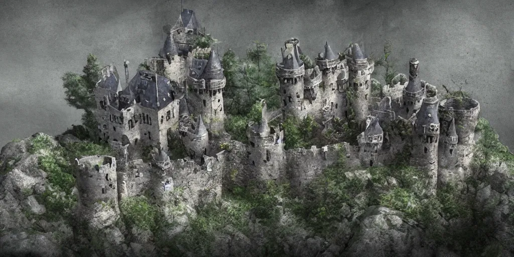 Prompt: a abandoned castle on the edge of a high cliff, 8 k, shallow depth of field, intricate detail, concept art,