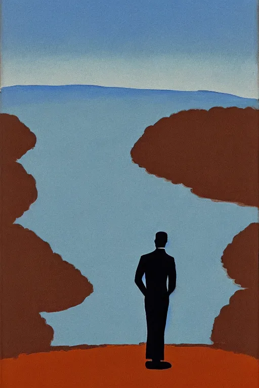 Image similar to man standing by a river, 1960’s minimalist advertising illustration, painterly, expressive brush strokes