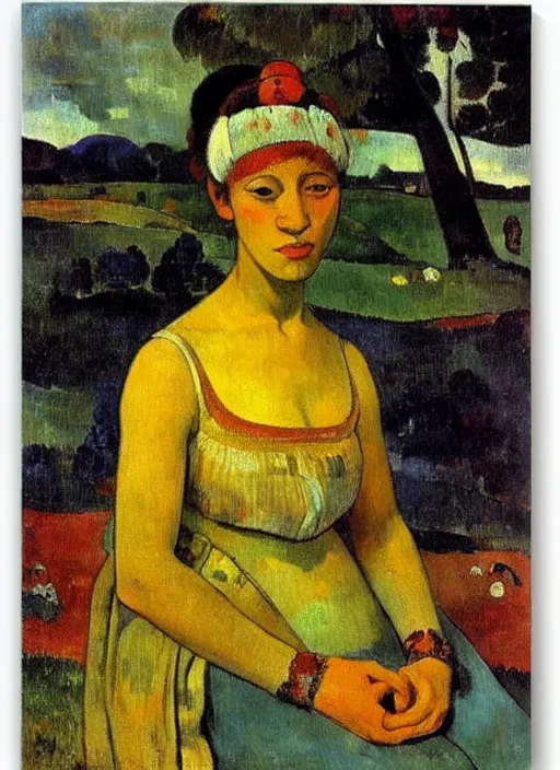 Prompt: portrait of young woman in renaissance dress and renaissance headdress, art by paul gauguin