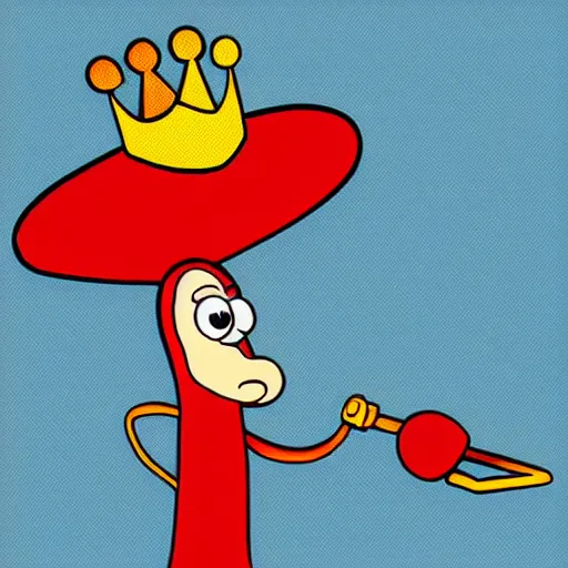 Image similar to kidney bean holding a staff, wearing crown, cartoon character, digital art, fun,