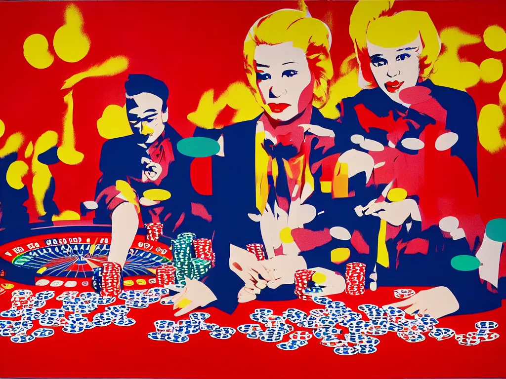 Image similar to hyper - realistic composition of a room in a casino with an extremely detailed poker table, croupier in traditional japanese kimono standing nearby fireworks in the background, pop art style, jackie tsai style, andy warhol style, acrylic on canvas