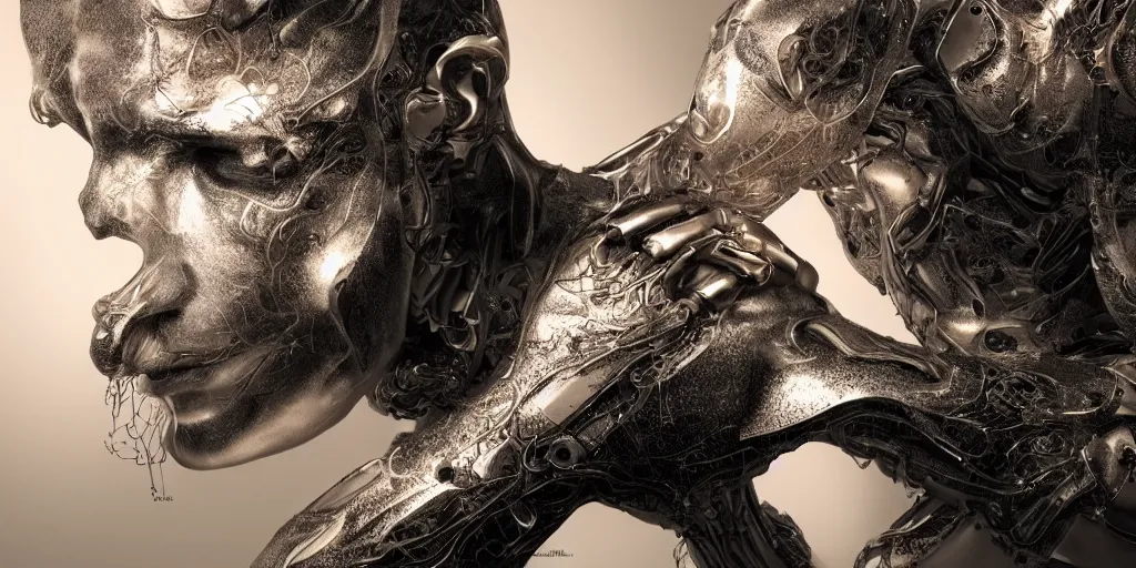 Image similar to hyper realistic photography of a stunningly beautiful cyborg male, elbow, thy, intimate, holding close, reflective chrome in the style of beth cavener, jin kagetsu,, and wlop, highly detailed, intricate filigree,, masterpiece, award winning, sharp focus, concept art, ringflash lighting, ambient lighting, octane render, 8 k, artstation