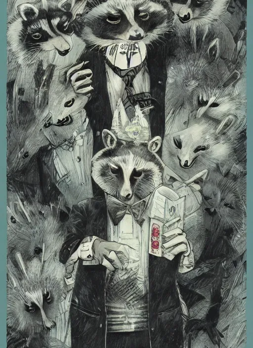 Prompt: a dramatic illustration portrait of an anthropomorphic raccoon mob boss, by posuka demizu, by stephen gammell, by victo ngai, by george ault, in the style of mafia, artstation