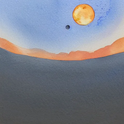 Image similar to watercolour painting of Martian landscape at dawn, with rising moons