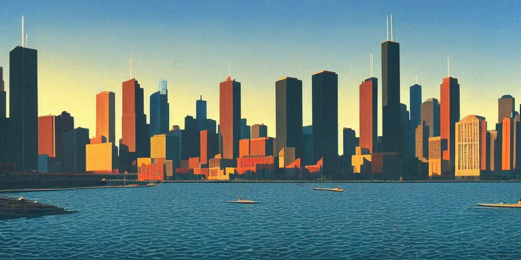 Image similar to vintage chicago, blue sky, summer evening, kenton nelson