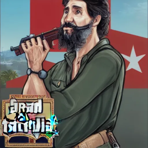 Image similar to justin trudeau as fidel castro in GTA V, cover art by Stephen Bliss, no text